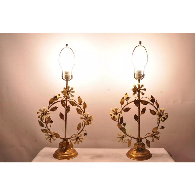Vintage Italian Hollywood Regency Gold Gilt Iron Tole Metal Table Lamps - A Pair For Sale - Image 12 of 12