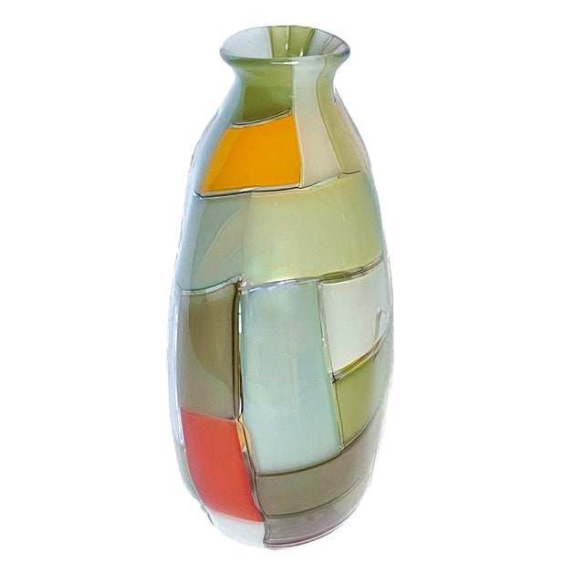 Beige Signed Vintage Robin Mix Patchwork Glass Vase For Sale - Image 8 of 10