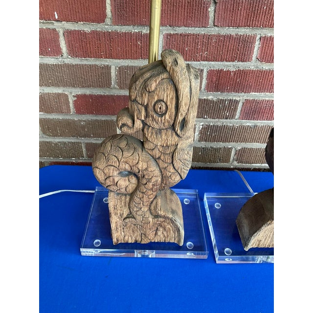 Pair Antique French Dolphin Architectural Fragment Lamps W/Lucite Bases For Sale - Image 4 of 9