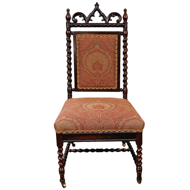 Gothic Revival Walnut Side Chair on Casters For Sale