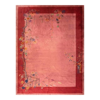 1920s Pink Rose Open Floral Vase Antique Chinese Art Deco Carpet 9' X 11' 7" Knotted Wool Rug For Sale