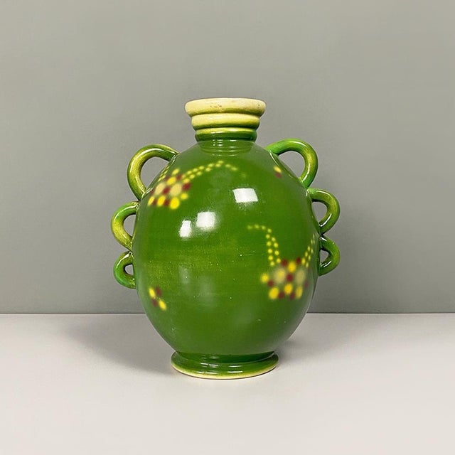 Italian Art Deco Green Ceramic Vase with a Circular Motif by Deruda, 1940s For Sale - Image 11 of 12