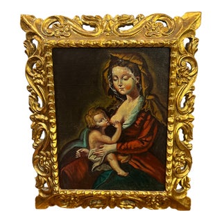 20th Century Oil on Canvas Framed Cuzco School Madonna With Child For Sale