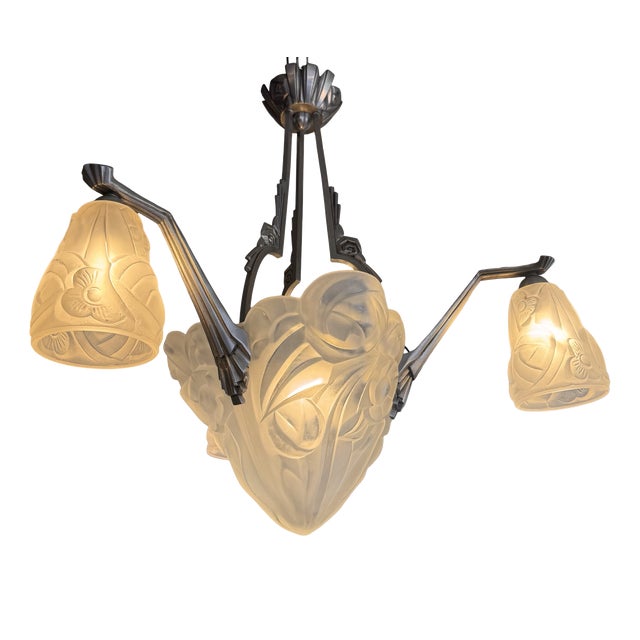 Art Deco Chandelier with Three Tulips and Shell by Degué For Sale