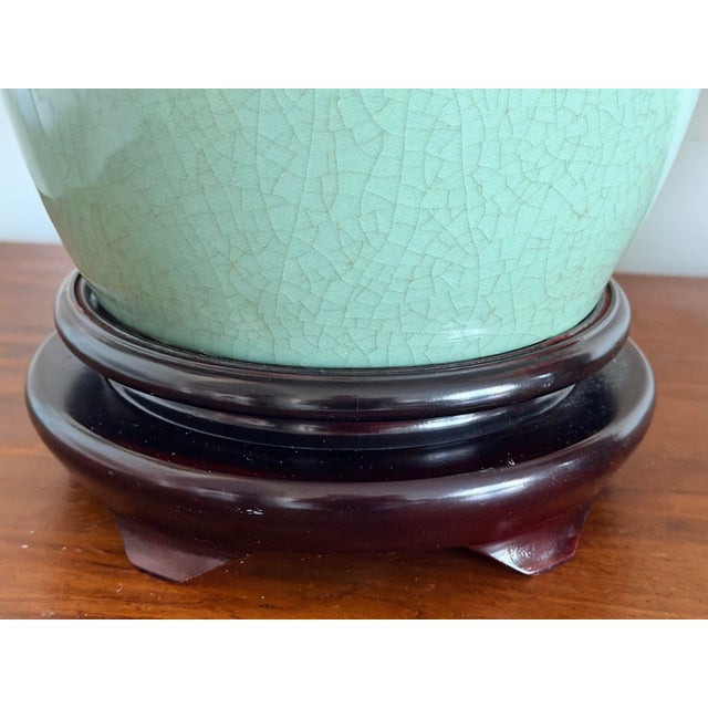 Vintage Chinoiserie Celadon Crackle-Glaze Ginger Jar Table Lamps With Wooden Bases For Sale - Image 9 of 11