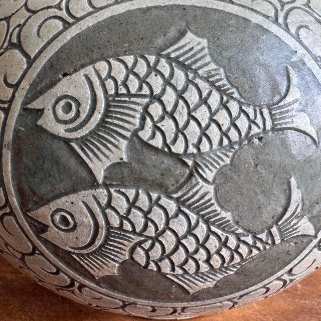 Korean Buncheong Style Stoneware Vase | Fully Hand-Incised Cloud Scroll Carp Medallion | Moon Jar Form | Korean Character Mark For Sale In Chicago - Image 6 of 12