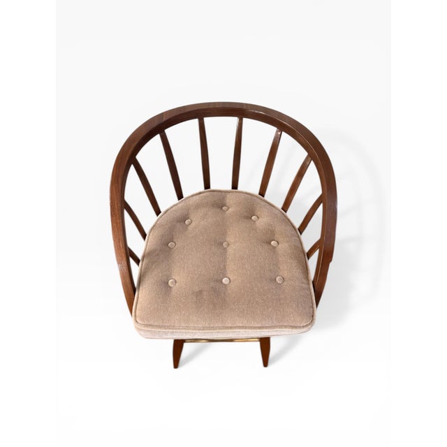 1960s Edward Wormley for Dunbar Sculptural Walnut Swivel Bar Stools in Mohair – Fully Restored Pair For Sale In Boston - Image 6 of 13