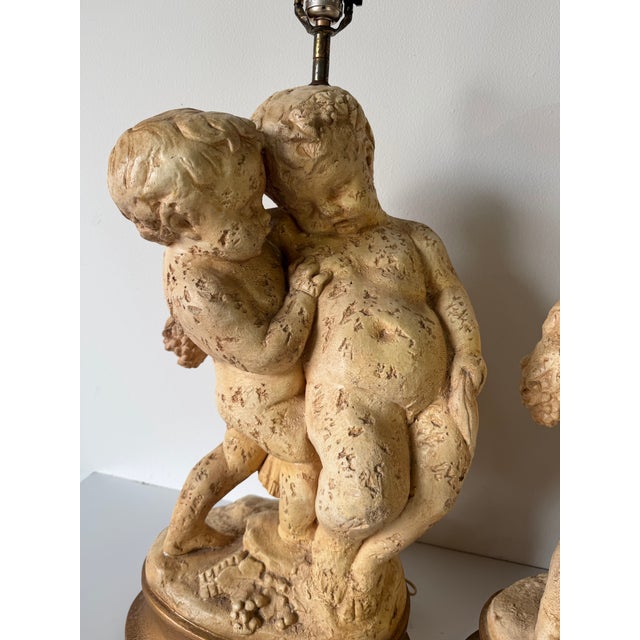 1950s Vintage French Cherub – Baroque Revival Putti Sculptures on Gilt Bases Table Lamps - a Pair For Sale - Image 5 of 12