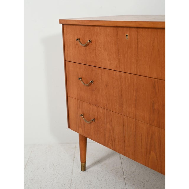 Wood Scandinavian Teak Chest of Drawers with Brass Inserts, 1950s For Sale - Image 7 of 9