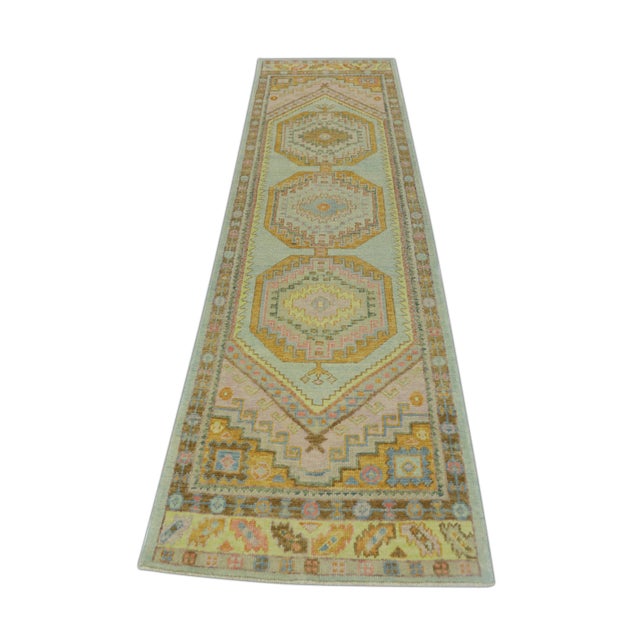 Early 21st Century Early 21st Century Pink & Blue Handmade Modern Turkish Oushak Runner 3' X 10'6" For Sale - Image 5 of 6