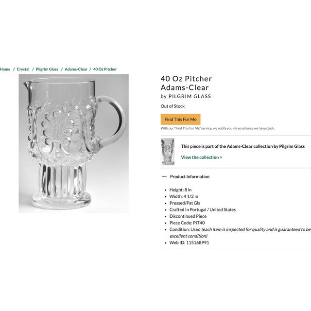 Vintage Set of Pilgrim Glass Corp. Adams Clear 8 Pedestal Glasses & Pitcher For Sale - Image 16 of 18