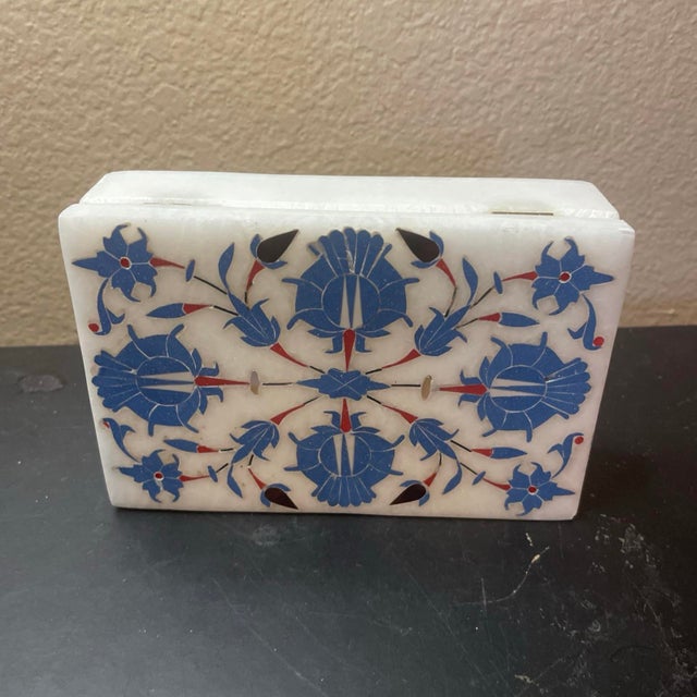 1960s Gorgeous Marble W Lapis Lazuli Inlay 4”x6”x1” Jewelry Casket For Sale - Image 5 of 7