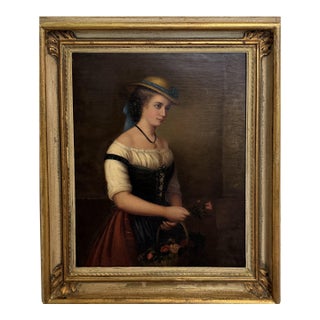 Antique 1868 Oil Portrait Young Woman European Lady Gilt Frame 19th Century For Sale