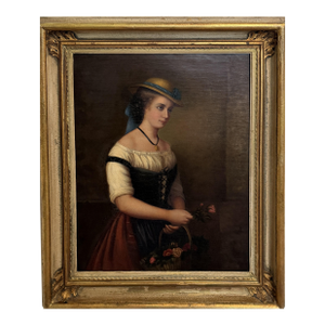 Antique 1868 Oil Portrait Young Woman European Lady Gilt Frame 19th Century