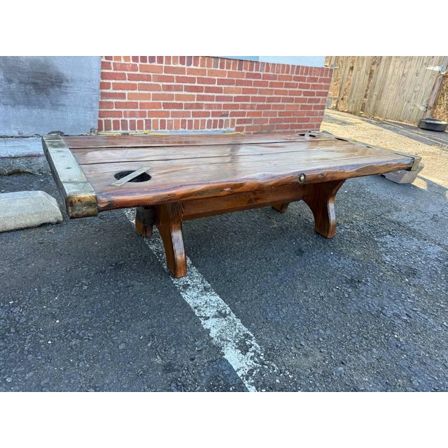Wood Vintage Farmhouse Rustic Style Liberty Ship Hatch Cover Trestle Base Coffee Table For Sale - Image 7 of 15