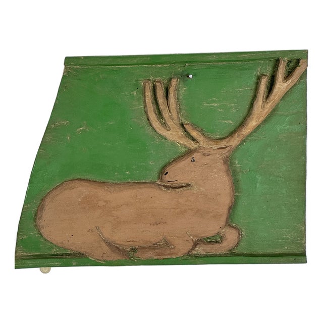 Early 20th C. Primitive Folk Art Hand Carved Resting Stag in an Avocado Green Plaque For Sale