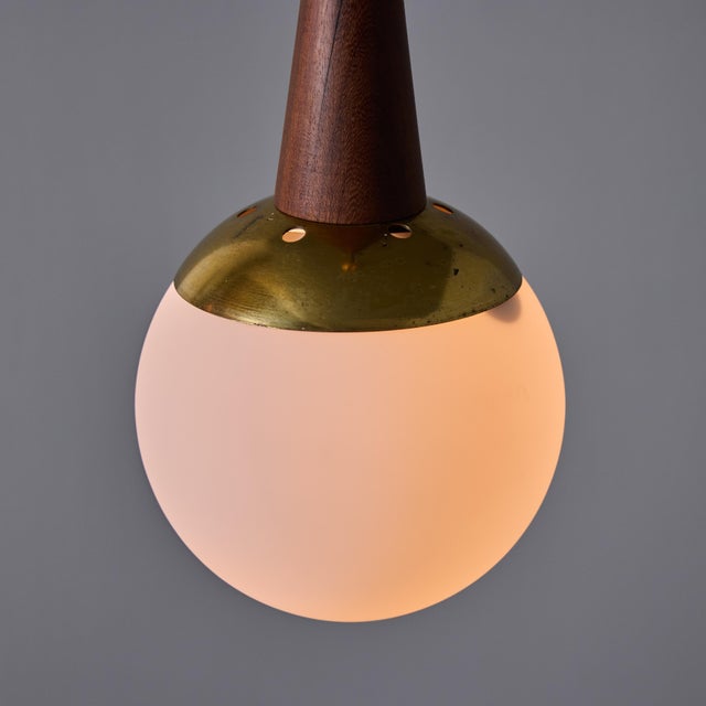 Stilnovo 1950s Brass, Wood, and Opaline Glass Pendant Attributed to Stilnovo For Sale - Image 4 of 12