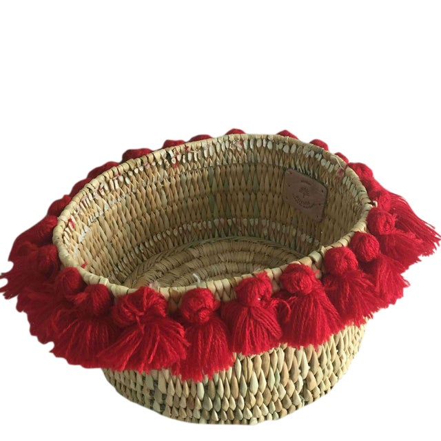 Moroccan Red Tassel Small Basket For Sale