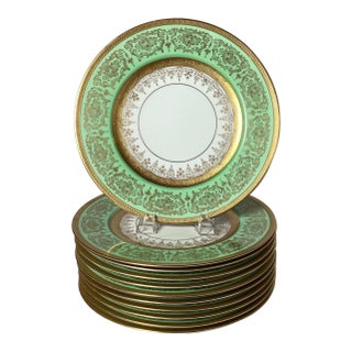 Apple Green and Gilt Service Plates - Set of 11 For Sale