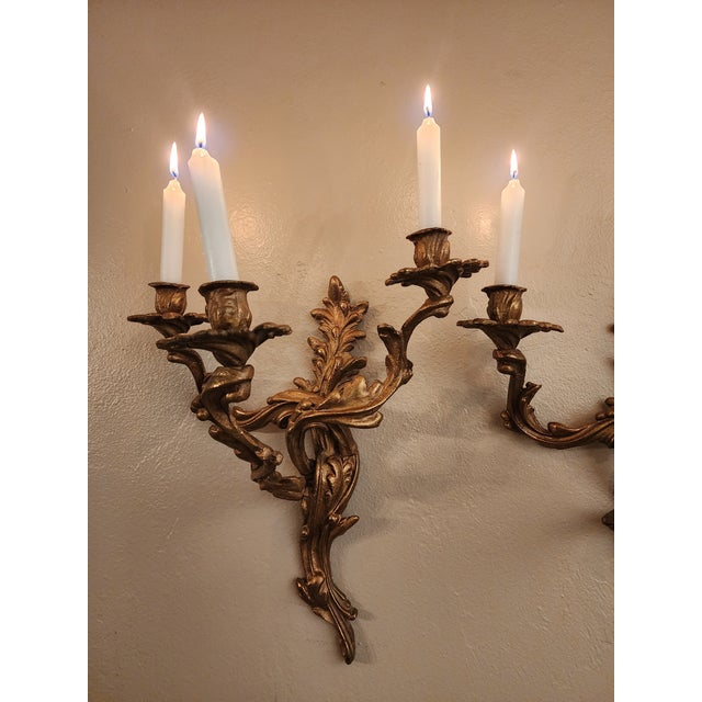 Antique Art Nouveau Pair Heavy Cast Gilt Brass 3 Light Wall Sconces With Aged Patina For Sale - Image 4 of 16