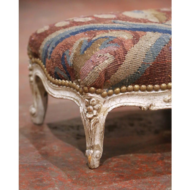 French 19th Century French Louis XV Painted Footstool With Aubusson Tapestry For Sale - Image 3 of 8