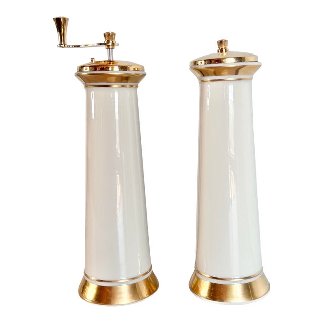 Vintage Lenox Ivory and 24 Karat Gold Salt Shaker and Pepper Grinder For Sale