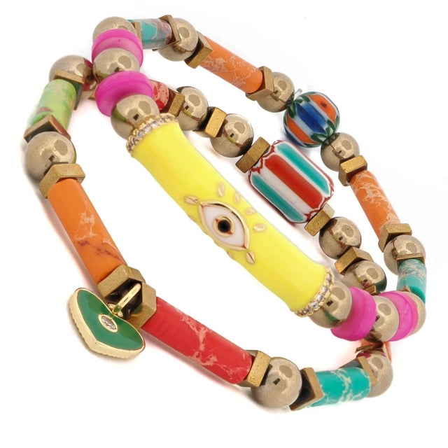 African Colorful Jasper Guardian Evil Eye & Heart Charm Bracelet Set For Sale - Image 3 of 6