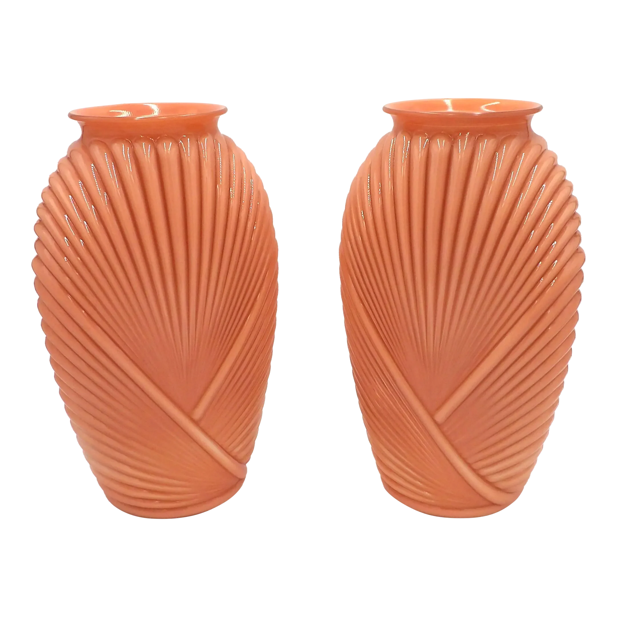 Pair of 1980s Art Deco Revival Peach Draped Vases With Geometric
