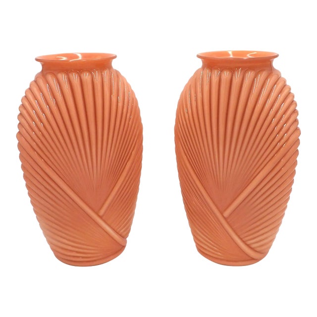 Pair of 1980s Art Deco Revival Peach Draped Vases With Geometric Accents by Anchor Hocking For Sale