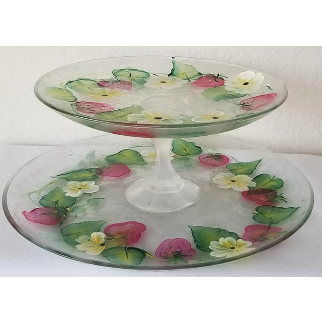 Raspberry Pink Vintage 2-Tier Serving Platter Frosted Glass Hand Painted For Sale - Image 8 of 8