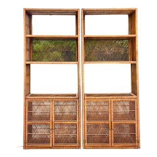 Vintage Coastal Woven Rattan Etagere - a Pair For Sale