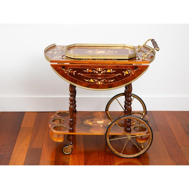 Brown Vintage Italian Marquetry Bar Cart With Serving Tray For Sale - Image 8 of 11