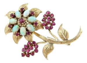 Opal & Ruby Flower 18k Yellow Gold Pin Brooch