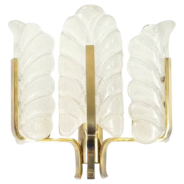 Large Scandinavian Glass & Brass Leaf Wall Light attributed to Carl Fagerlund for Orrefors, 1960s For Sale