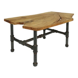 Organic Wood Slab Coffee Table with Industrial Iron Base For Sale