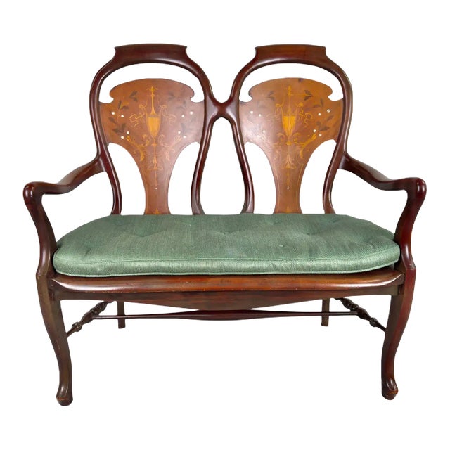Queen Anne Style Mahogany & Marquetry Inlay Settee or Bench For Sale