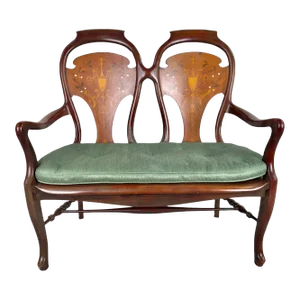 Queen Anne Style Mahogany & Marquetry Inlay Settee or Bench