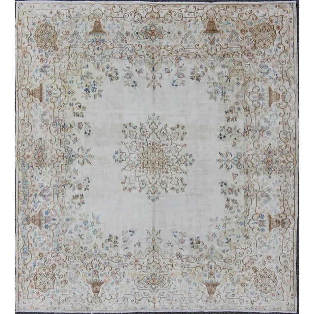 Antique Persian Kerman Rug Featuring Central Medallion and Delicate Botanical Motifs 6′10″ × 7′1″ For Sale In Atlanta - Image 6 of 6