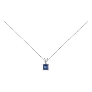 14K White Gold 5x5 MM Square Shaped Blue Sapphire Solitaire Pendant Necklace For Sale