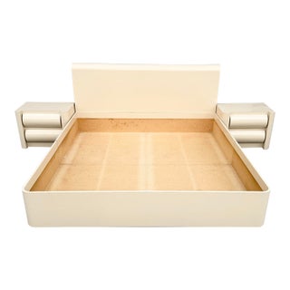 Postmodern Cream Lacquer Laminate King Size Bedframe With Bullnose Nightstands For Sale