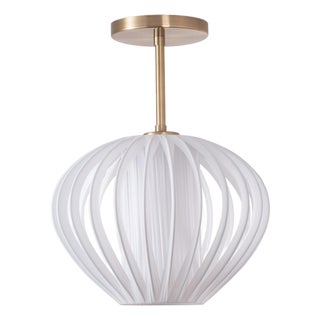 Bloom Semi Flush Mount - Modern White Satin Shade, Weathered Brass Body, Dimmable For Sale