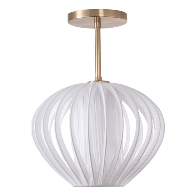 Bloom Semi Flush Mount - Modern White Satin Shade, Weathered Brass Body, Dimmable For Sale