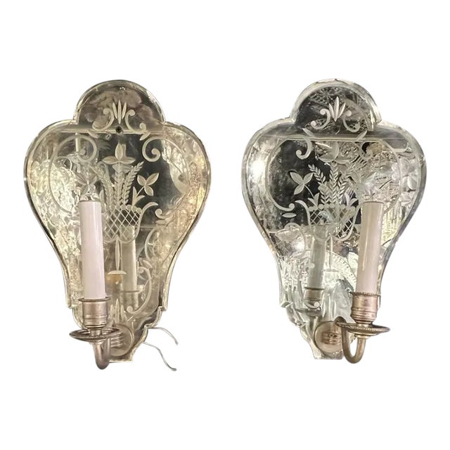 1930’s Venetian Etched Mirror Sconces With One Light For Sale