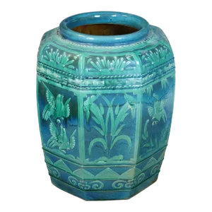 Mid 20th Century Monumental Turquoise Glazed Octagonal Bird Jardiniere Floor Vase Urn