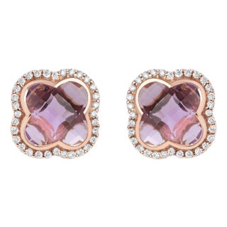 18K Rose Gold 3/8 Cttw Diamond and 11x11mm Clover-Cut Purple Amethyst Gemstone Clover Halo Stud Earrings (G-H Color, SI1-SI2 Clarity) For Sale