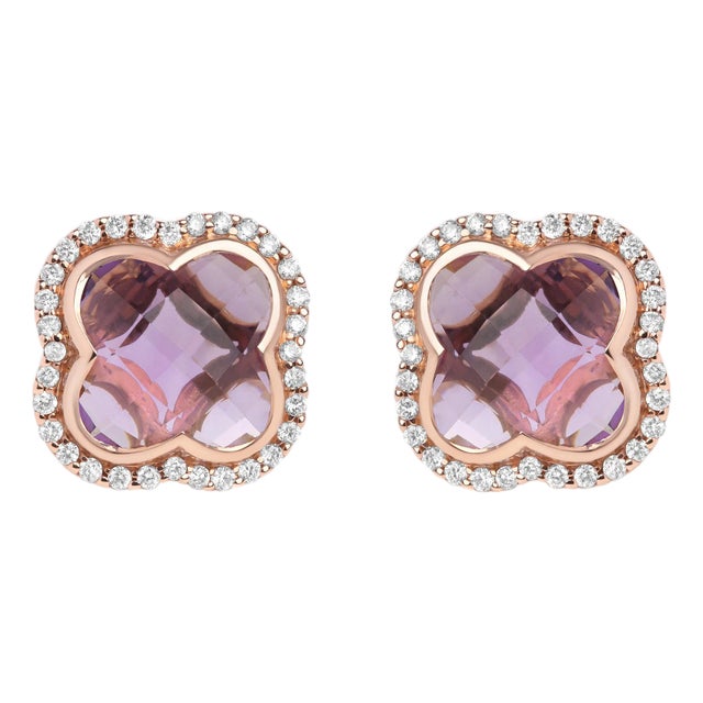 18K Rose Gold 3/8 Cttw Diamond and 11x11mm Clover-Cut Purple Amethyst Gemstone Clover Halo Stud Earrings (G-H Color, SI1-SI2 Clarity) For Sale