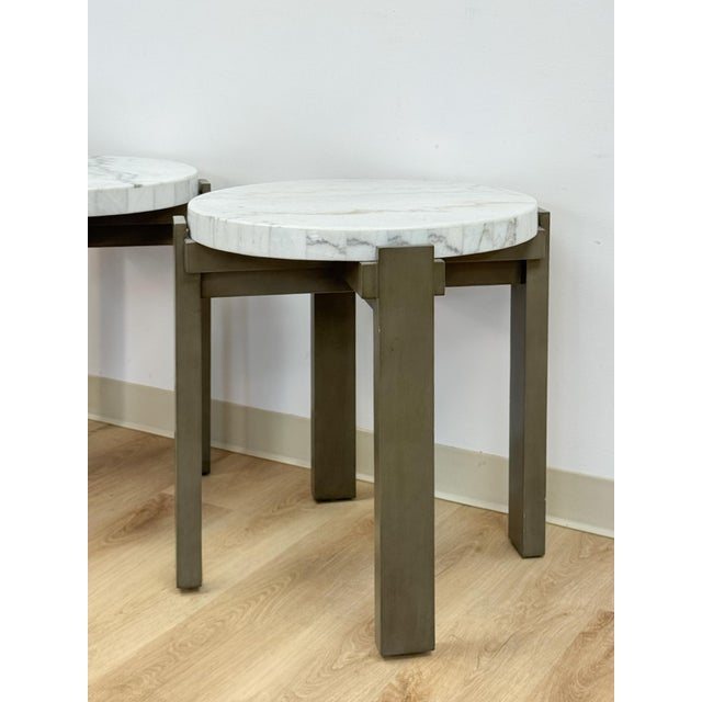 Vintage Round End Tables Beige Marble Top Gray Metal Base Pair Modern Accent For Sale - Image 9 of 10