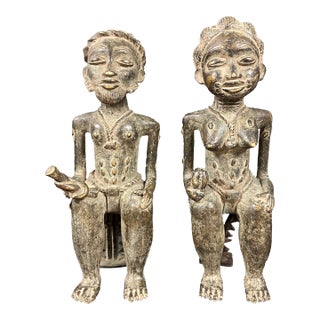 Pair of African Tribal Art Benin Bronze Royal Statue For Sale