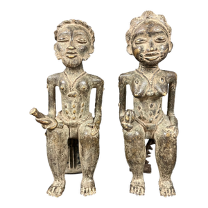 Pair of African Tribal Art Benin Bronze Royal Statue