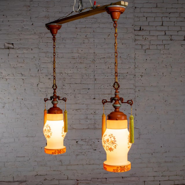 Early 20th Century Chinoiserie to Art Deco to Art Nouveau Pendant Lights Hand Painted Avian a Pair For Sale - Image 9 of 18
